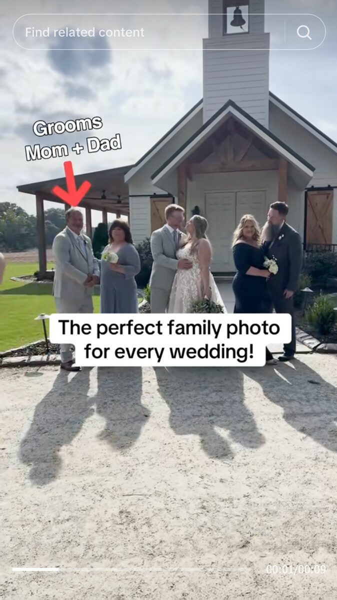 Wedding party family photo outside a white chapel, a wedding TikTok
